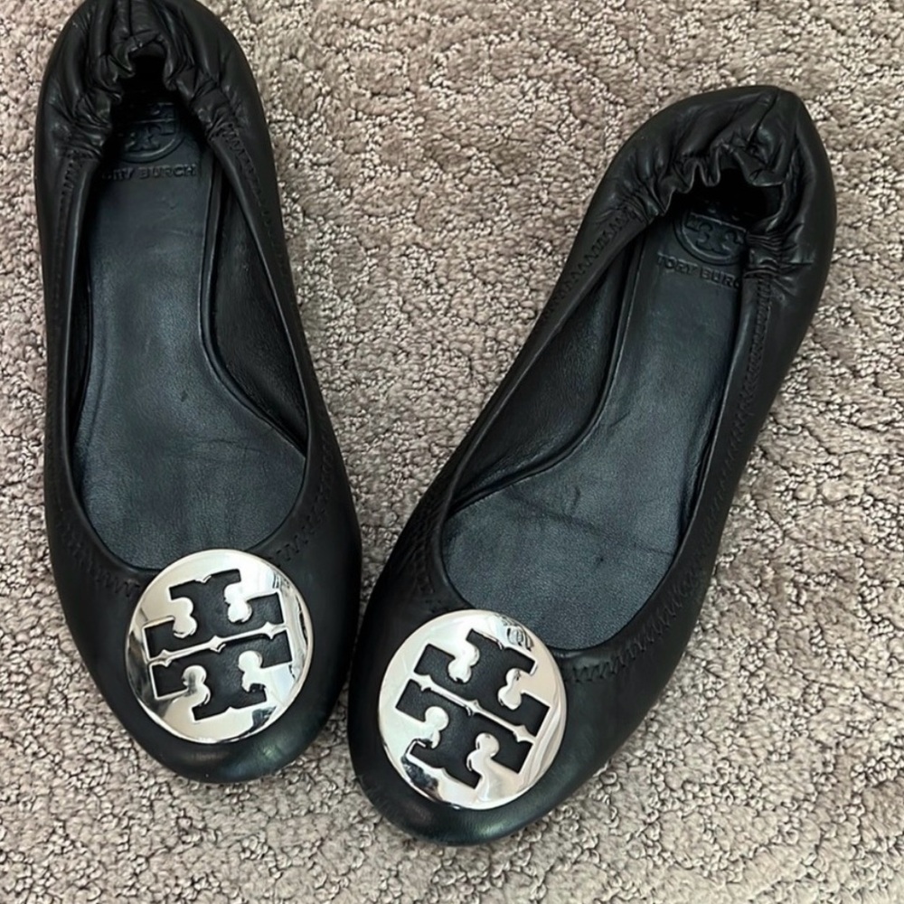Tory Burch Black Leather Flats with Silver Emblem